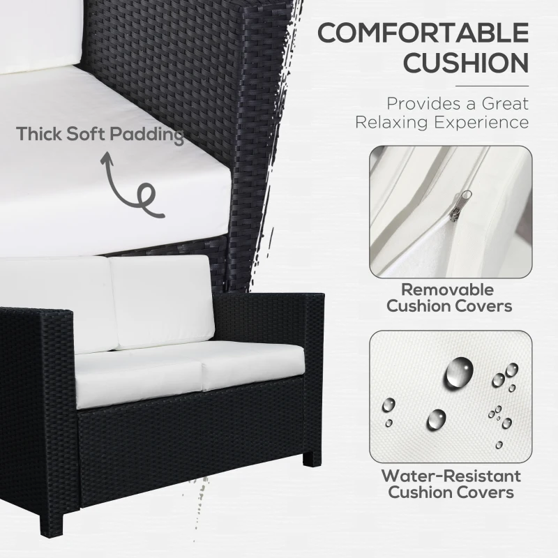 Outsunny Rattan Sofa, 2 Seater Garden Furniture with Soft Padded Cushion and Armrests, Wicker Garden Loveseat for Patio, Black