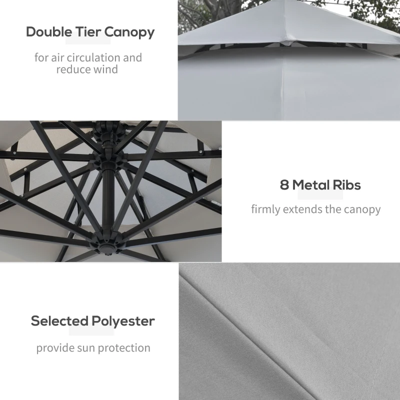 Outsunny 3m LED Light Overhanging Parasol - Light Grey