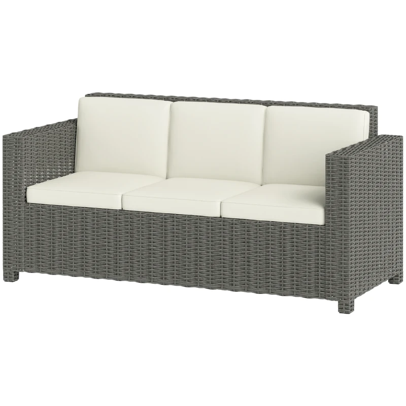 Outsunny 3 Seater Rattan Sofa All-Weather Wicker Weave Metal Frame Chair with Fire Resistant Cushio-Cream
