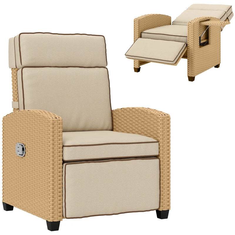 Outsunny 145° Reclining Rattan Armchair, with Footrest - Khaki/Beige