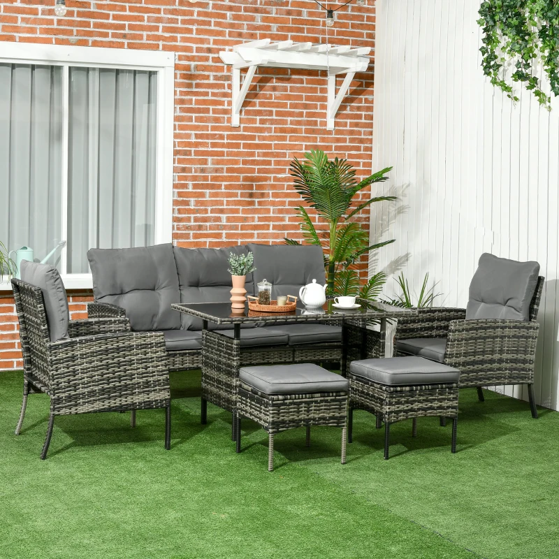 Outsunny 7 Seater Rattan Garden Furniture Set, 6 Piece Patio Dining Set, Armchairs, 3-Seater Sofa, Footstools, Glass Dining Table, Cushions, Wicker Outdoor Furniture for Conservatory Patio Mixed Grey