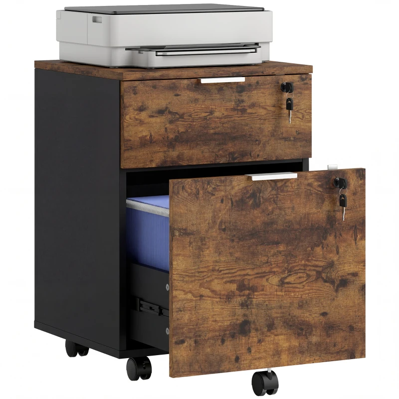 HOMCOM Two-Drawer Lockable Filing Cabinet - Black and Rustic Brown