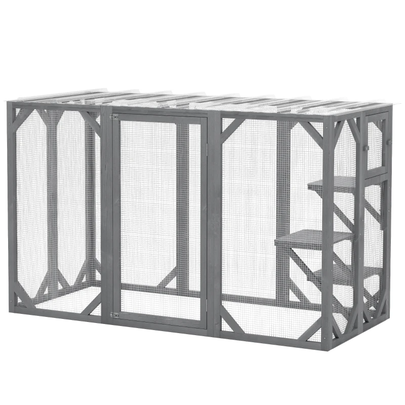 PawHut 71" Outdoor Wooden Cat House with Three Platforms, Large Door, Water-Resistant Roof, for Multiple Cats, Grey