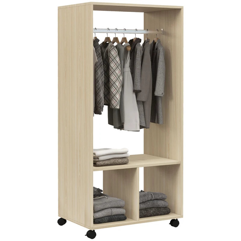 HOMCOM Open Wardrobe on Wheels, Bedroom Wardrobe with Clothes Hanging Rail, 2 Storage Shelves, Mobile Garment Rack for Cloakroom, Hallway, Natural