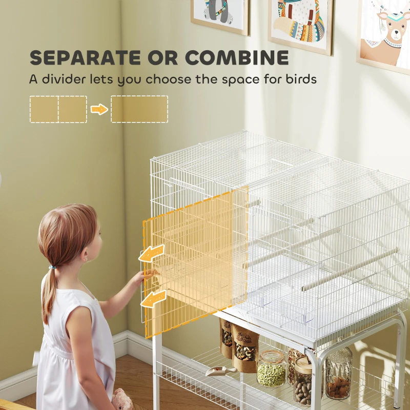 PawHut Bird Cage with Divider, 4 Wooden Perches, Slide Out Tray, 4 Feeders, for Budgie, Lovebird, Canary, 76 x 46 x 116cm White