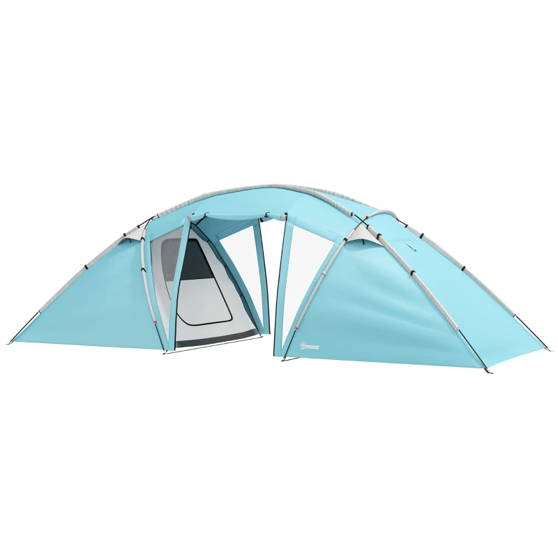 Outsunny 4-6 Man Family Camping Tent w/ 2 Bedrooms and a Living Room, Waterproof Tunnel Tent w/ Sewn In Groundsheet, Doors, Windows, Carry Bag, Blue