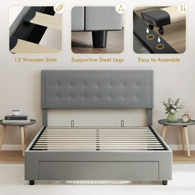 HOMCOM Double Size Ottoman Bed Frame, with Front Drawer - Grey