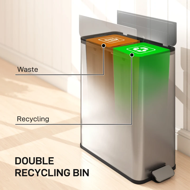 HOMCOM Dual Kitchen Bin with Soft-Close Butterfly Lid, 2 x 28L Stainless Steel Pedal Bin with Removable Inner Buckets, Fingerprint-Proof for Recycling and Waste, Silver Tone