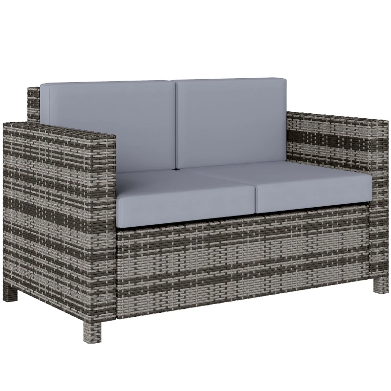 Outsunny Rattan Sofa, 2 Seater Garden Furniture with Soft Padded Cushion and Armrests, Wicker Garden Loveseat for Patio, Mixed Grey