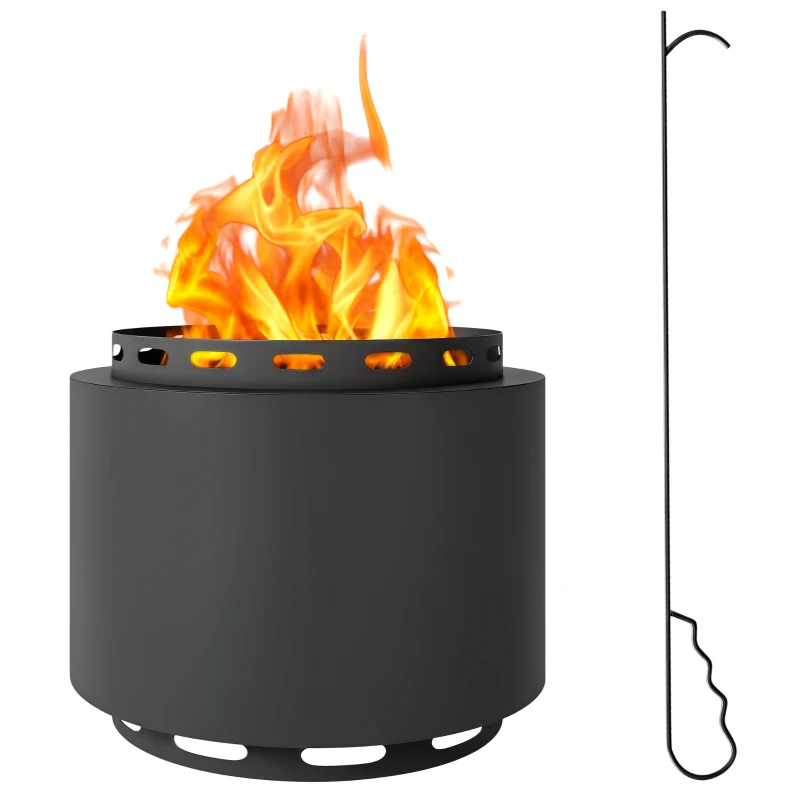 Outsunny Smokeless Fire Pit, 48.5cm Portable Wood Burning Firepit with Poker for Garden Camping Bonfire Party, Metal, Dark Grey