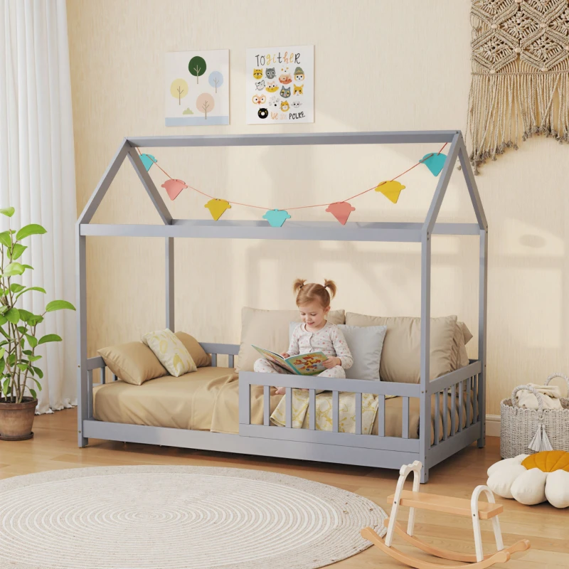 HOMCOM House-Shaped Kids Bed Frame with Guard Rails, Solid Pine Wood Single Bed Frame for Kids Boys and Girls, Grey