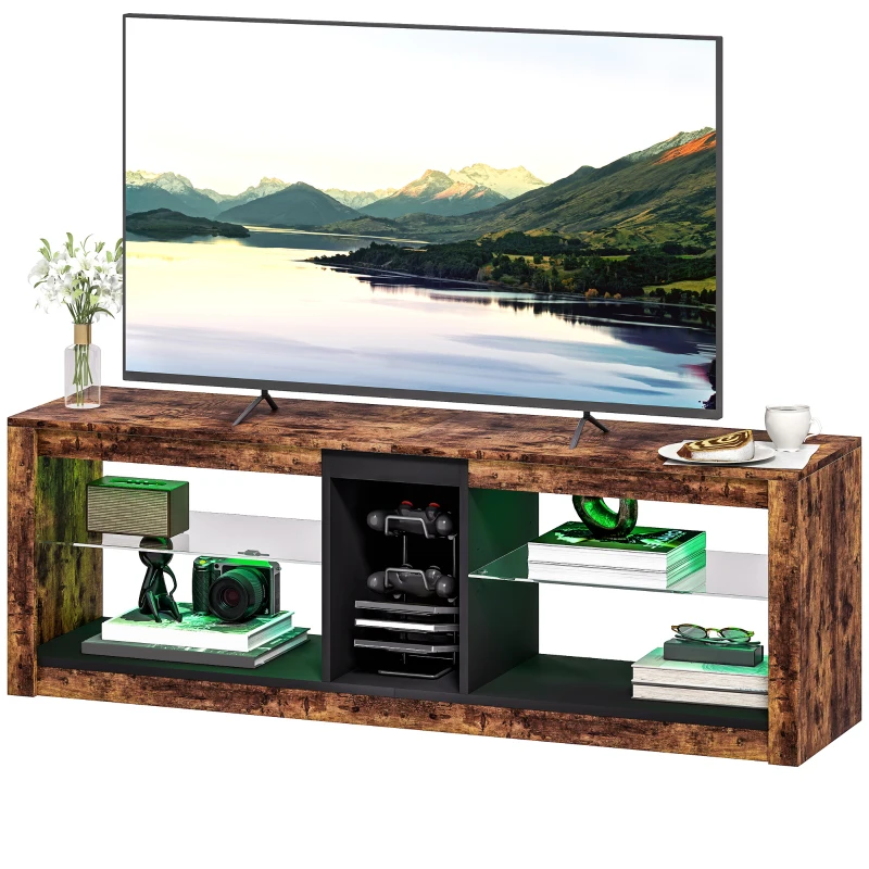 HOMCOM TV Stand Cabinet with LED Lights and Remote Control for TVs up to 65", Entertainment Centre with Storage Shelves and Compartment, Rustic Brown