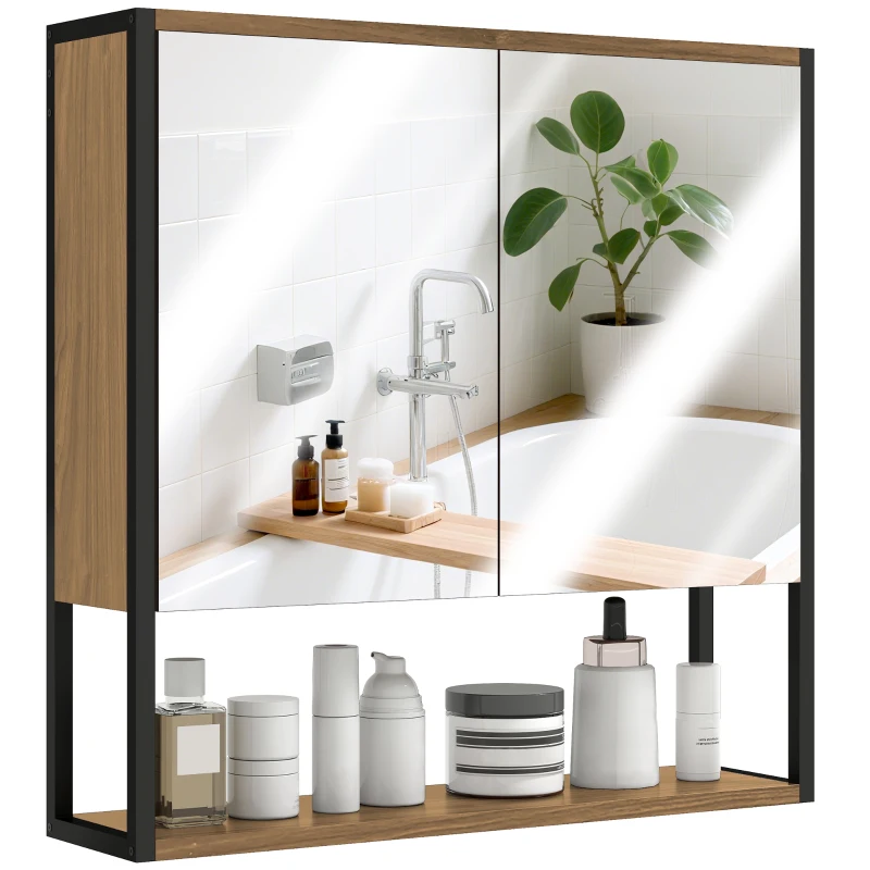 HOMCOM Bathroom Mirror Cabinet with Soft-Close Doors and Adjustable Shelf - Natural Wood Finish