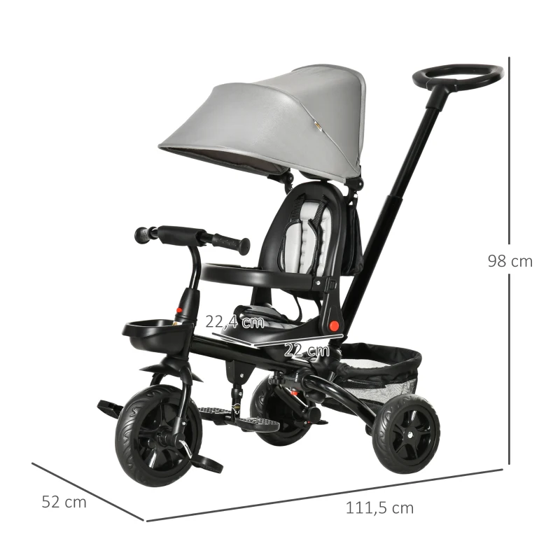 HOMCOM Triciclo Bebé 4 en 1 Bicicleta para Niños 1-5 Años con Asiento Giratorio Capota Ajustable Mango de Empuje Telescópico y Reposapiés Plegable Carga 25 kg 111,5x52x98 cm Gris