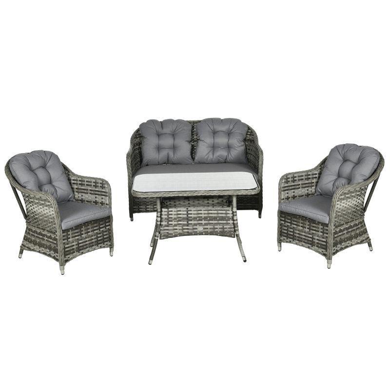 Outsunny Four-Piece Rattan Set, with Glass-Top Table - Grey
