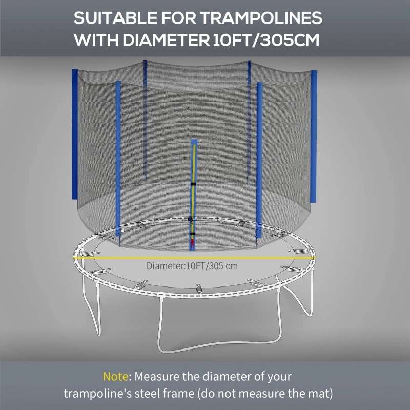 SPORTNOW 10ft Trampoline Net Replacement with 6 Plastic Pole Covers, Weather-Resistant Trampoline Netting Replacement with Zipped Entrance, Poles Not Included, Blue