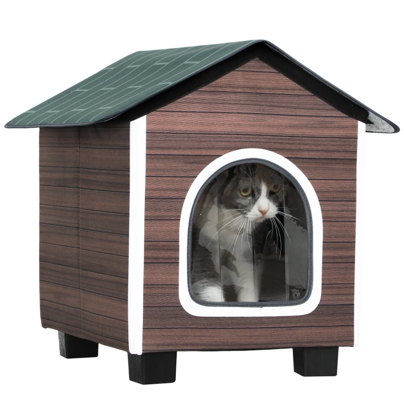 PawHut Insulated Outdoor Cat House, Water-Resistant Feral Cat Shelter with Elevated Base and Cushion, Red-brown