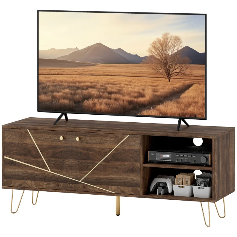 HOMCOM TV Stand Cabinet for up to 60 Inch TV, Modern 130cm TV Unit with Adjustable Shelves and Hairpin Legs, Double Door TV Cabinet for Living Room, Bedroom, Brown
