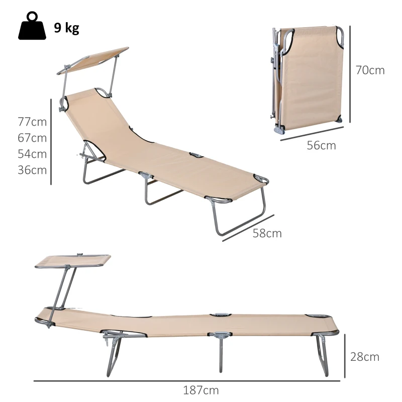 Outsunny Folding Sun Lounger Set of 2 with Canopy, Reclining Sunbed with 4-Position Adjustable Backrest, 600D Oxford Cloth, Portable Garden Lounger Recliner Chair for Beach, Camping, Patio, Sand