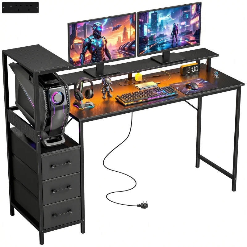 HOMCOM 147cm Gaming Desk with Charging Station and Monitor Stand, Computer Table for Home Office with RGB Lights, Black