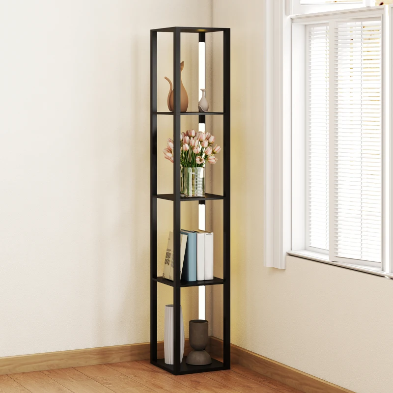 HOMCOM LED Floor Lamp with Shelves, Modern Dimmable Standing Lamp with 3 Brightness Levels and Foot Switch for Living Room, Bedroom, Office, Black