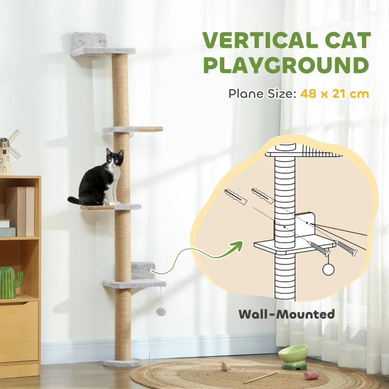 PawHut Wall Mounted Cat Shelves, Cat Climbing Wall with 4 Climbing Platforms, Jute Scratching Post and Toy Ball,180cm Tall, Light Grey
