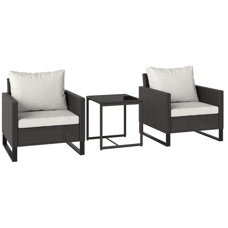 Outsunny 3 Pieces Rattan Bistro Set with 4 Cushions, Wicker Garden Furniture Set, Glass Top Coffee Table and Chairs for Outdoor Patio, Balcony, Terrace and Conservatory, Brown