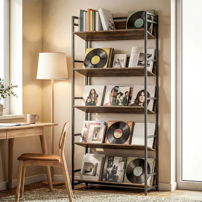 HOMCOM Bookshelf 5-Tier Metal Frame Bookcase Storage Shelves for Living Room Rustic Brown