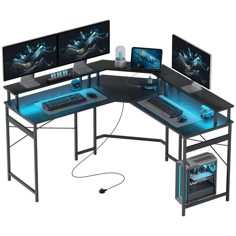 HOMCOM 'L' Shaped Work Desk, with LED Lights - Black