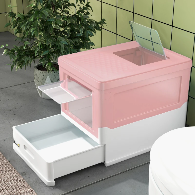 PawHut Hooded Cat Litter Box, Portable Pet Toilet, with Scoop, Front Entry - Pink