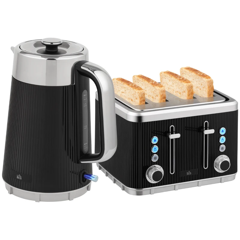 HOMCOM Electric Stainless Steel Kettle and Toaster Set, 3000W 1.7L UK Strix Thermostat Fast Boil Kettle w/ Limescale Filter, Cool Touch Body, 4 Slice Toaster with 7 Browning Levels, Black