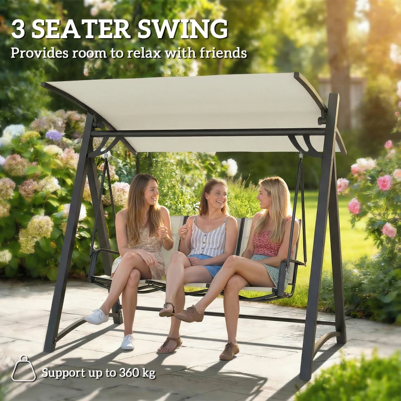 Outsunny 3 Seater Swing Chair, Garden Swing Bench with Adjustable Tilting Canopy, Breathable Mesh Seat 360 kg Capacity, White