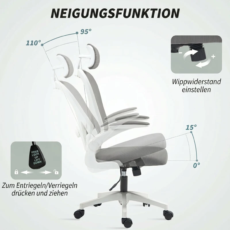 HOMCOM Sedia da Ufficio Ergonomica con Braccioli Ribaltabili, Supporto Lombare Regolabile, Grigio