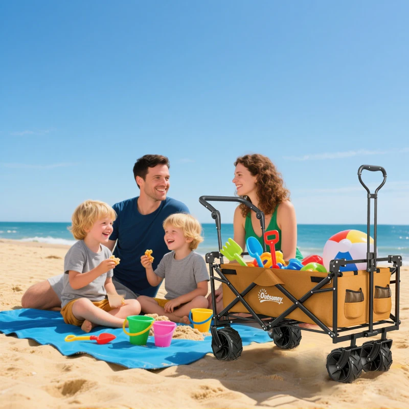Outsunny 120L Festival Trolley on Wheels, Folding Camping Trolley Cart with Removable Canopy, All-Terrain Wheels, Adjustable Handle, Push or Pull for Garden Beach Fishing Shopping, Orange