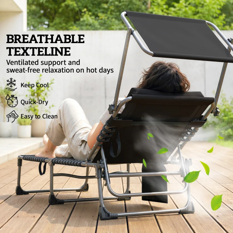 Outsunny Folding Sun Loungers Set of 2 with Canopy, Reclining Sunbed with Cushion, Side Pocket, Carrying Handle, Black