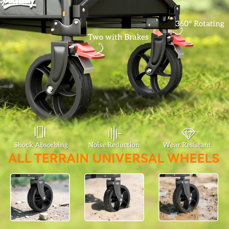 Outsunny Festival Trolley on Wheels, 150L Folding Camping Trolley Cart with Openable Sides, Adjustable Handle and Brakes for Shopping Beach Garden Fishing, Grey
