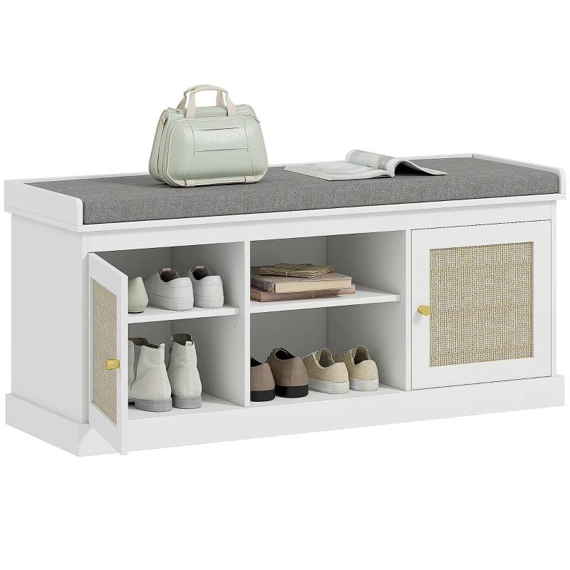 HOMCOM Boho Shoe Storage Bench with Padded Cushion and Rattan Doors - White