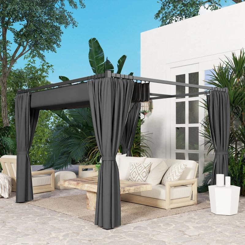 Outsunny 3 x 3(m) Retractable Pergola, Garden Gazebo Shelter with Curtains, for Grill, Patio, Deck, Charcoal Grey