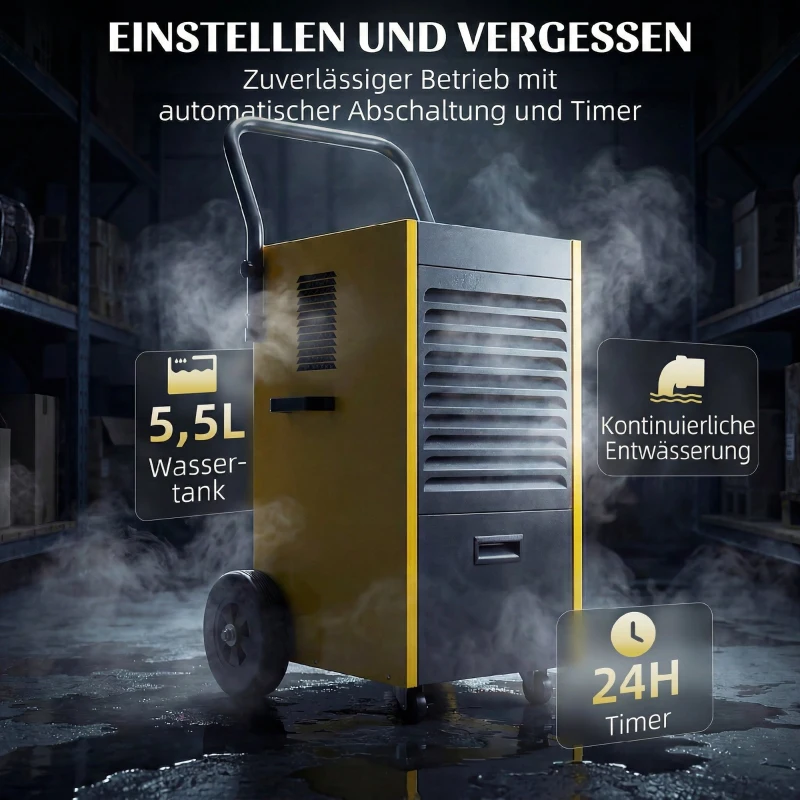 DURHAND Gewerbe-Luftentfeuchter 70L/Tag mit Rädern und Griff, kontinuierlicher Ablaufschlauch, 24-Stunden-Timer, 5,5L Tank, Gelb