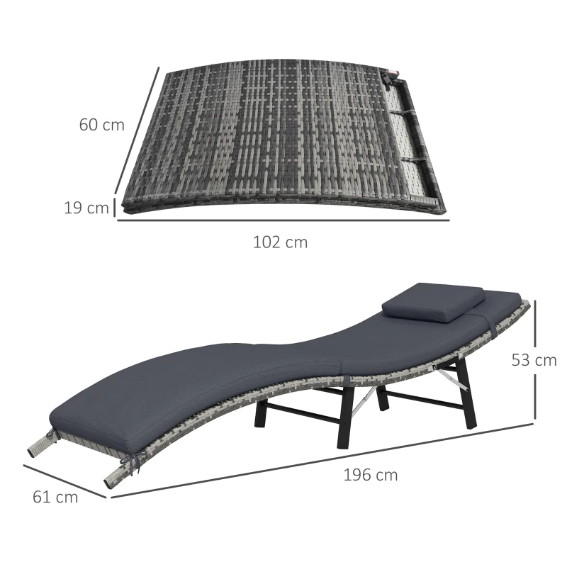 Outsunny Rattan Folding Sun Lounger Outdoor Chair with Cushion and Pillow Grey