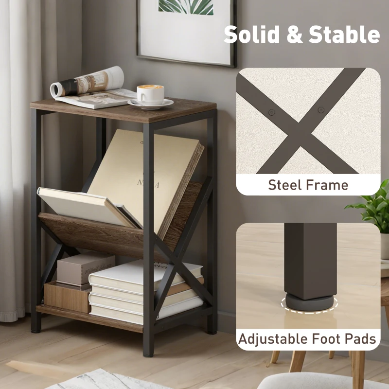 HOMCOM Narrow Side Table, End Table with 3-Tier Storage, V-Shaped Magazine Holder for Living Room, Bedroom, 40 x 30 x 61cm, Oak