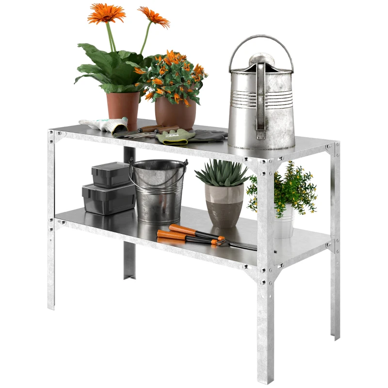 Outsunny 2 Tier Potting Bench Table, Galvanised Steel Garden Planting Work Bench Workstation with Storage Shelf for Outdoor, Patio, Greenhouse, 110 x 50 x 75 cm, Silver Tone