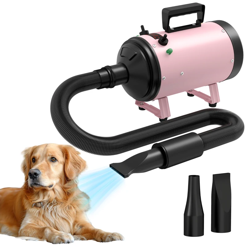 PawHut 2200W Dog Hair Dryer with Adjustable Temperature & Velocity, 3 Different Nozzles, Pink