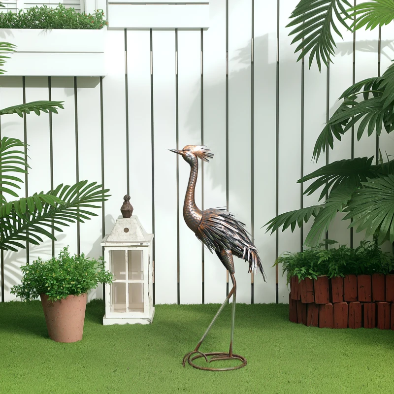 Outsunny Heron Garden Statue, Standing Garden Ornament, Metal Garden Gift with Stakes for Patio Pond Landscape Decoration, Silver Tone