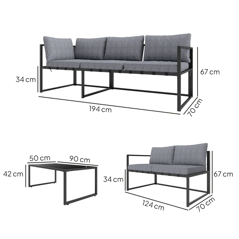 Outsunny Three-Piece L Shaped Garden Furniture Set with Cushions - Grey