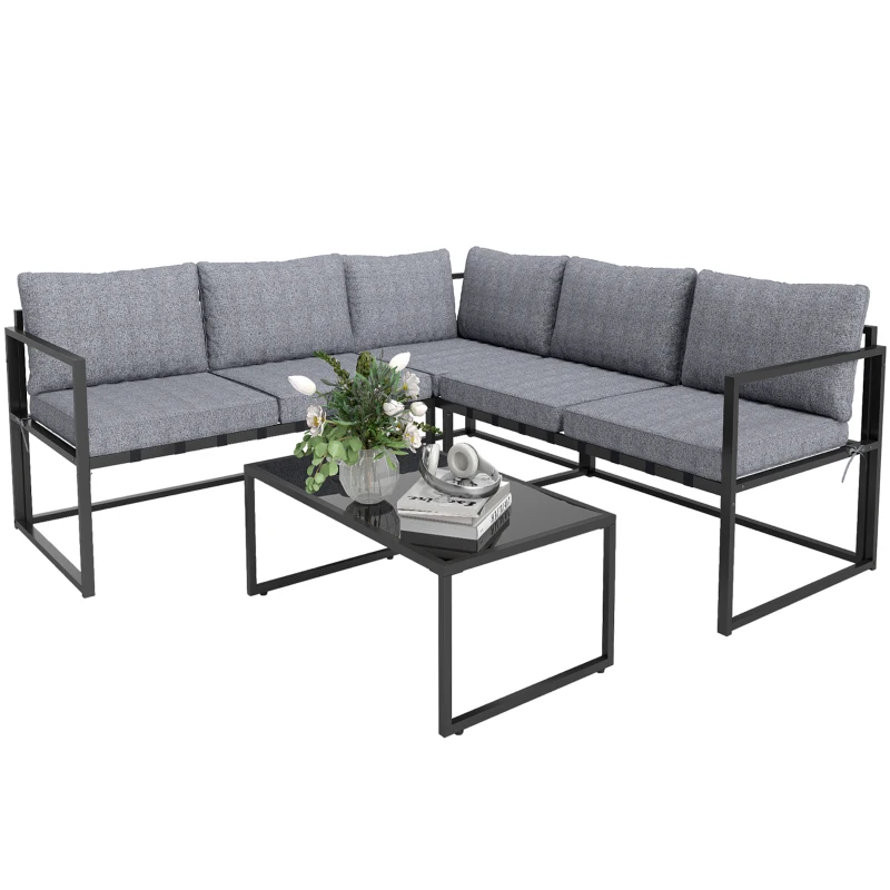 Outsunny Three-Piece L Shaped Garden Furniture Set with Cushions - Grey