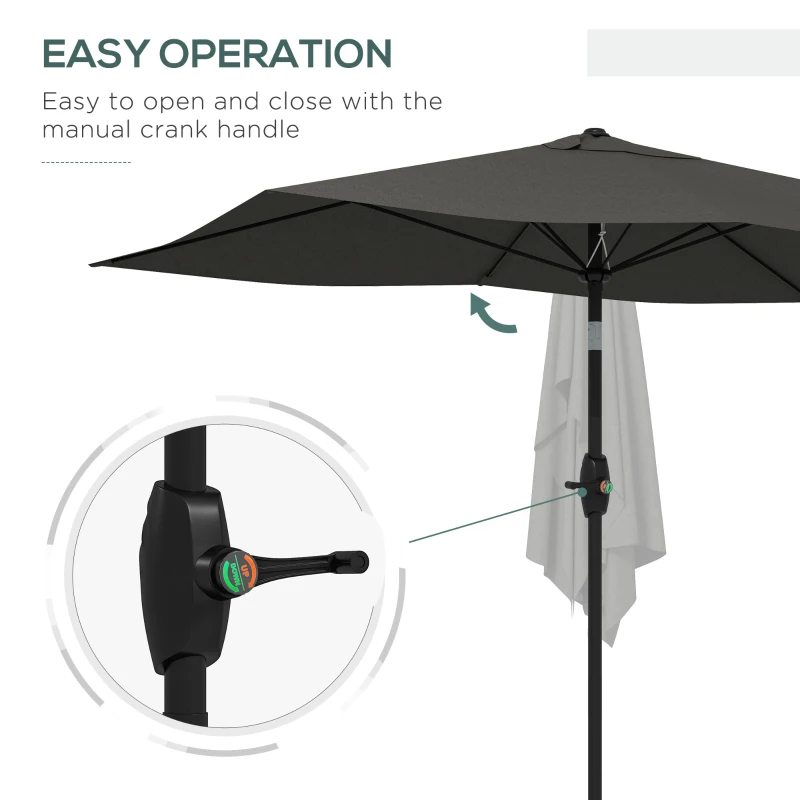 Outsunny 3 x 2 m Garden Parasol Umbrella with Aluminium Pole, UPF 50+ Rectangular Outdoor Table Parasol Sun Shade with Crank & Push Button Tilt, Metal Ribs, Dark Grey