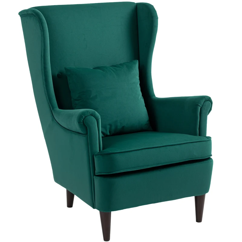 HOMCOM Modern Accent Chair with High Backrest and Pillow, Velvet-Feel Fabric Reading Chair with Solid Wood Legs, Green