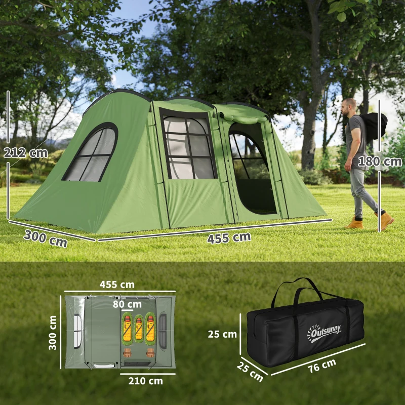Outsunny 4 Man Tunnel Tent, Family Camping Tent with Porch, Bedroom and Living Area, Sewn in Groundsheet, 3000mm Waterproof, Portable with Bag for Hiking, Festival, Backpacking, Green