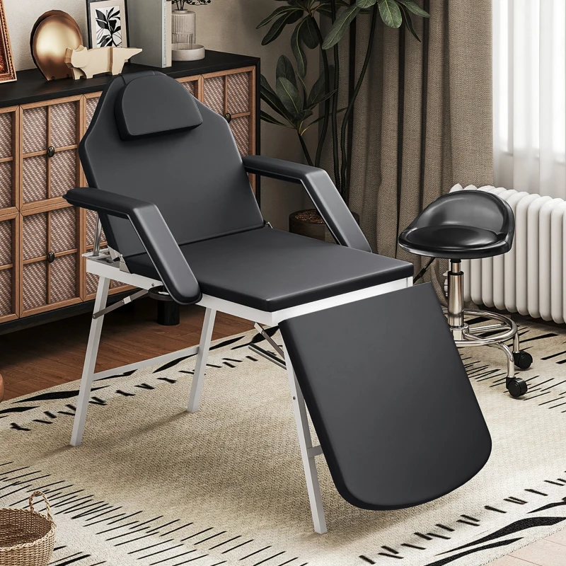 HOMCOM Portable Massage Table, 3 Section Adjustable Beauty Bed, Foldable Massage Bed with Face Hole, Recliner Chair with Removable Headrest and Armrests for Spa, Lash, Tattoo, Black